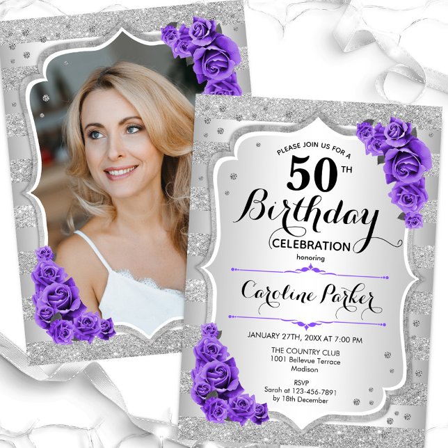 Elegant Silver Purple Photo 50th Birthday Invitation (Creator Uploaded)