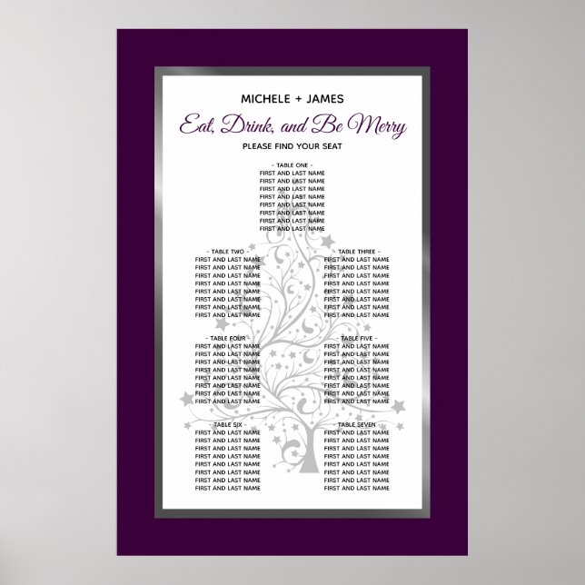 Elegant Silver Purple Wedding Seating Chart (Front)