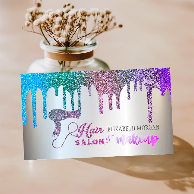 Elegant Silver,Rainbow Glitter Drips Hair Salon Business Card (Creator Uploaded)