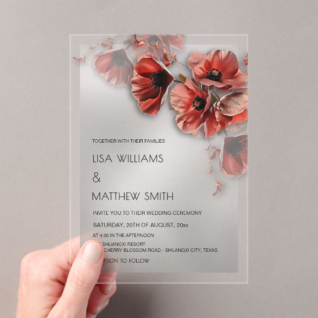 Elegant Silver Red Flowers Transparent Wedding Acrylic Invitations (Insitu (Handheld))