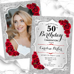Elegant Silver Red Photo 50th Birthday Invitation<br><div class="desc">Elegant floral feminine 50th birthday invitation with your photo at the back of the card. Glam design with faux glitter silver. Features silver stripes, red roses, script font and confetti. Perfect for a stylish adult bday celebration party. Personalise with your own details. Can be customised for any age! Printed Zazzle...</div>