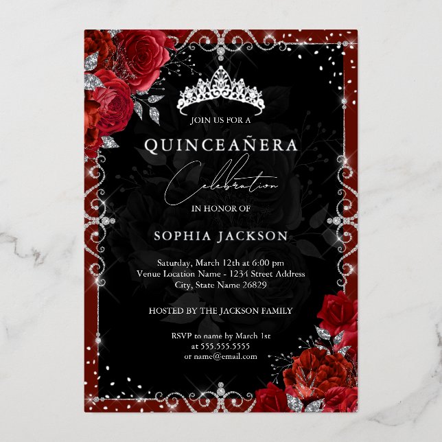 Elegant Silver Red Rose Quinceanera (Front)