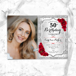 Elegant Silver Red Roses Photo 50th Birthday Invitation<br><div class="desc">Elegant floral feminine 50th birthday invitation with your photo. Glam design with faux glitter silver. Features stripes, red roses, script font and confetti. Perfect for a stylish adult bday celebration party. Personalise with your own details. Can be customised for any age! Printed Zazzle invitations or instant download digital printable template....</div>