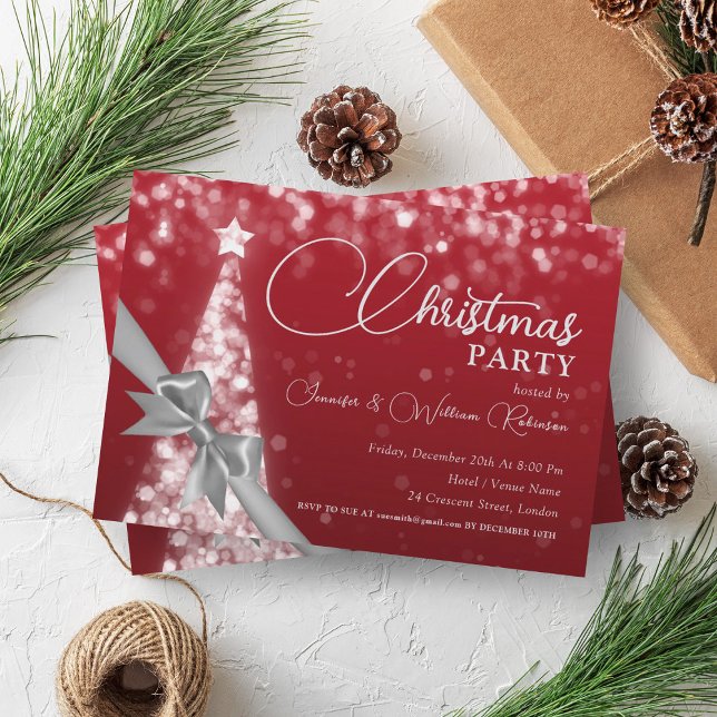 Elegant Silver Red Shimmering Xmas Tree Holiday  Invitation (Elegant Silver Red Shimmering Xmas Tree Holiday Invitation)