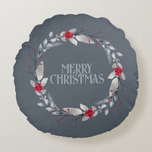 Elegant Silver Red Wreath Festive Round Cushion