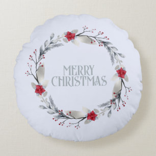 Elegant Silver Red Wreath Festive Round Cushion