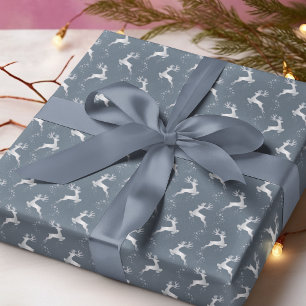Elegant Silver Reindeer Blue Christmas Holiday Wrapping Paper