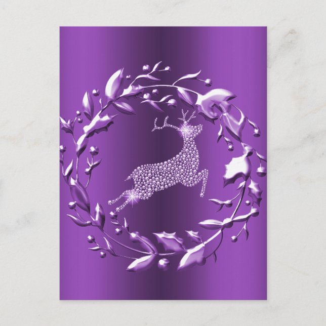 Elegant Silver Reindeer, Wreath Purple Christmas Postcard (Front)