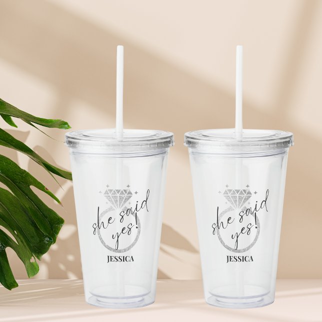 Elegant Silver Ring She Said Yes Engagement Acrylic Tumbler (Creator Uploaded)