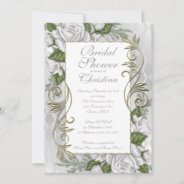Elegant Silver Rose Bridal Shower invitations (Front)
