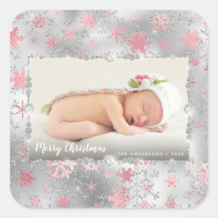 Elegant silver rose gold snowflakes custom photo square sticker