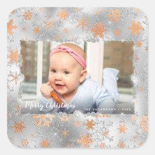 Elegant silver rose gold snowflakes custom photo square sticker