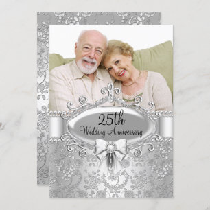 Elegant Silver Rose Photo 25th Anniversary Invite