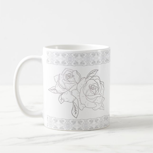 Elegant Silver Roses And Lace Embroidery  Coffee Mug (Left)
