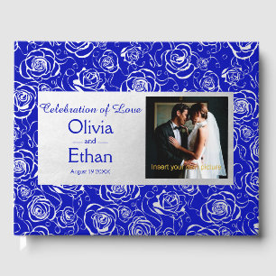 Elegant Silver Roses on Royal Blue Guest Book