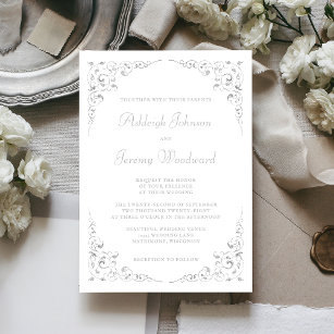 Elegant Silver Script Botanical Frame Wedding Invitation