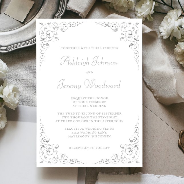 Elegant Silver Script Botanical Frame Wedding Invitation (Creator Uploaded)