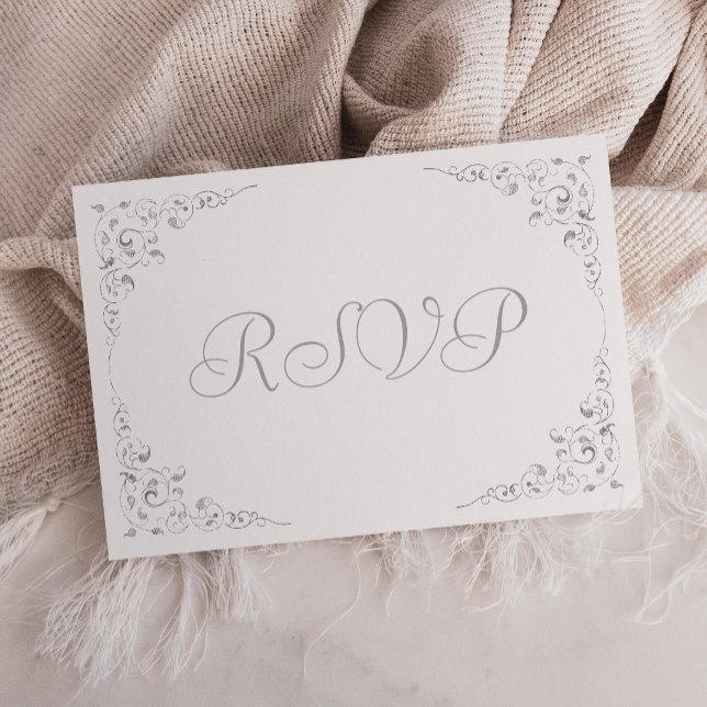 Elegant Silver Script Botanical Frame Wedding RSVP Card (Creator Uploaded)