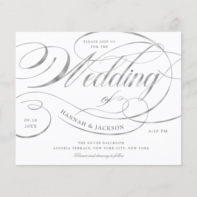 Elegant Silver Script Budget Wedding Invitation (Front)
