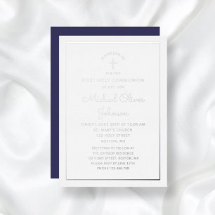 Elegant Silver Script Navy Blue First Communion 
