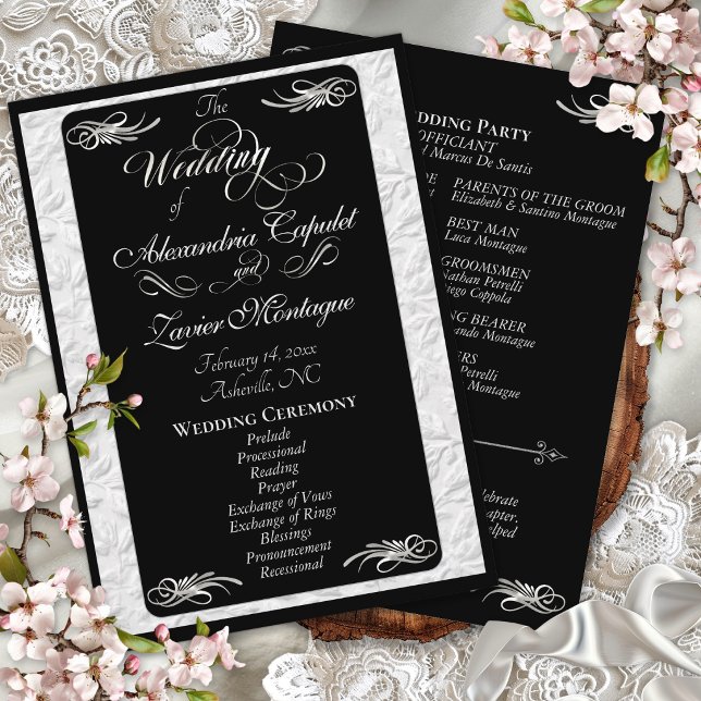 Elegant Silver Script on Black Wedding Ceremony Programme (Creator Uploaded)