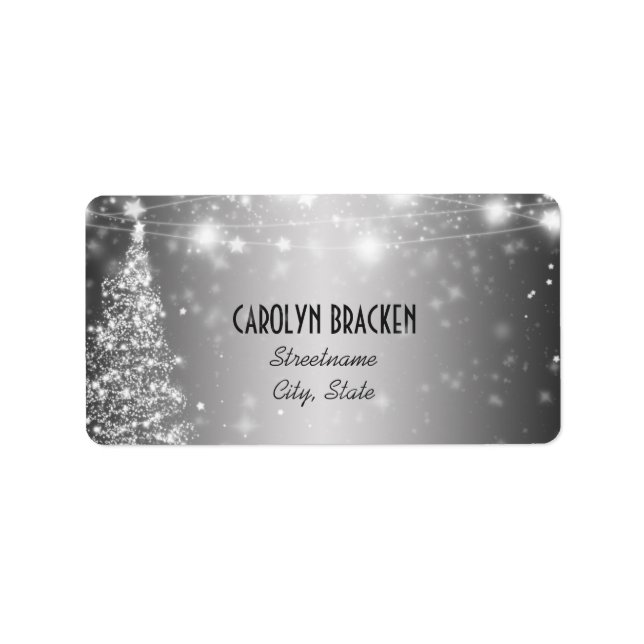Elegant Silver Shimmering Stars Christmas Tree Label (Front)