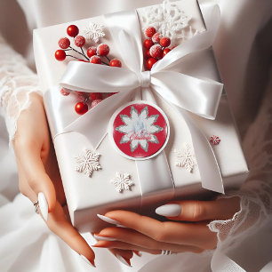 Elegant Silver Snow flakes red Round Sticker