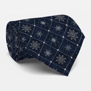 Elegant Silver Snowflake Pearl Midnight Blue Tie
