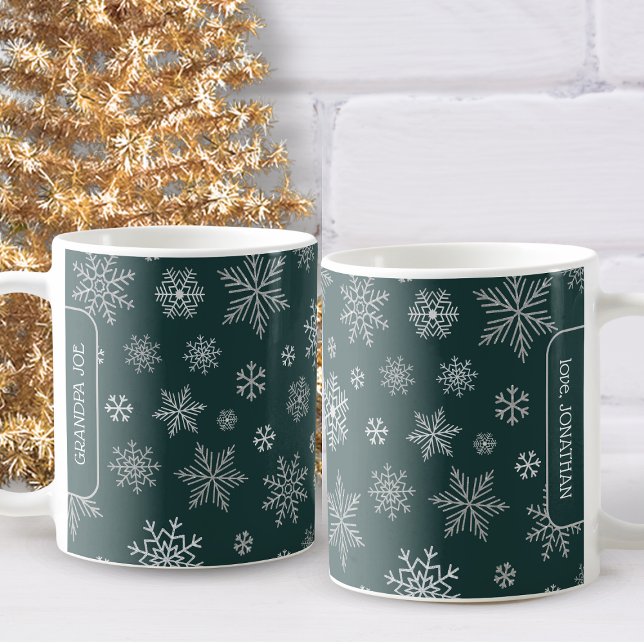 Elegant Silver Snowflakes Christmas Name Coffee Mug (Make someone's holiday brighter with this delightful silver snowflakes Christmas mug.)
