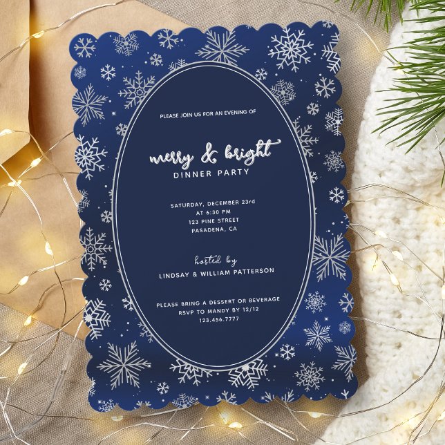 Elegant Silver Snowflakes on Night Blue Christmas Invitation (Make your event sparkle and shine, the perfect choice for a glamorous holiday gathering.)