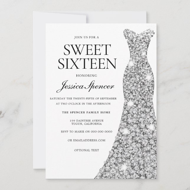 Elegant Silver Sparkle Dress Sweet 16 Invite (Front)