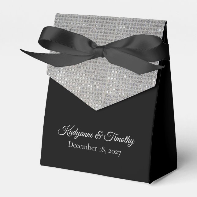 Elegant Silver Sparkle Snowflake on Black Wedding Favour Box (Front Side)