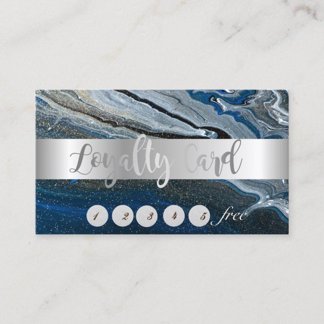 Elegant ,Silver Stripe,Blue Marble Stone  Loyalty Card (Front)
