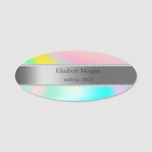 Elegant Silver Stripe, Pearls Holographic Ombre Name Tag