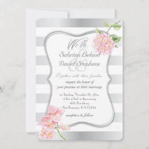 Elegant Silver Stripes and Pink Hydrangeas Invitation