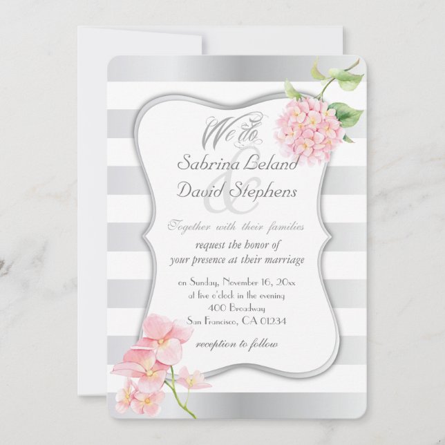 Elegant Silver Stripes and Pink Hydrangeas Invitation (Front)