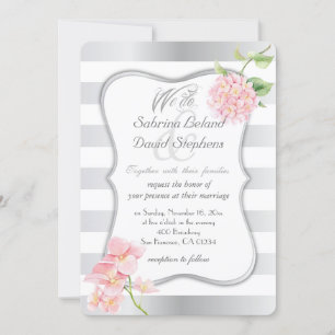 Elegant Silver Stripes and Pink Hydrangeas Invitation