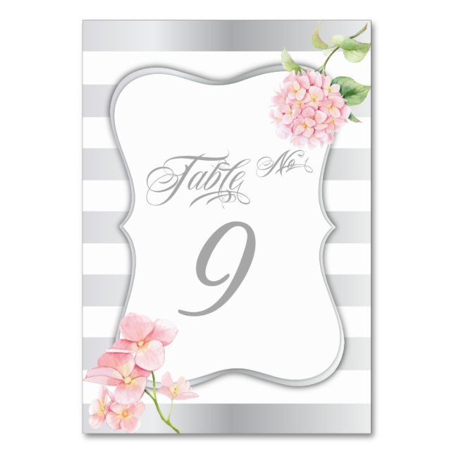 Elegant Silver Stripes Pink Hydrangea Table  Card (Back)
