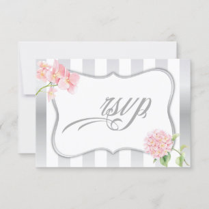 Elegant Silver Stripes Pink Hydrangeas RSVP Card