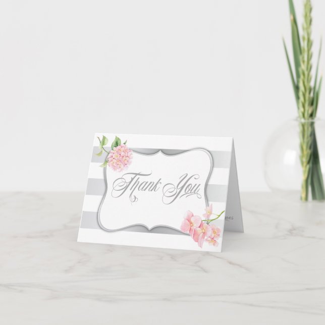 Elegant Silver Stripes Pink Hydrangeas Thank You Card (Front)