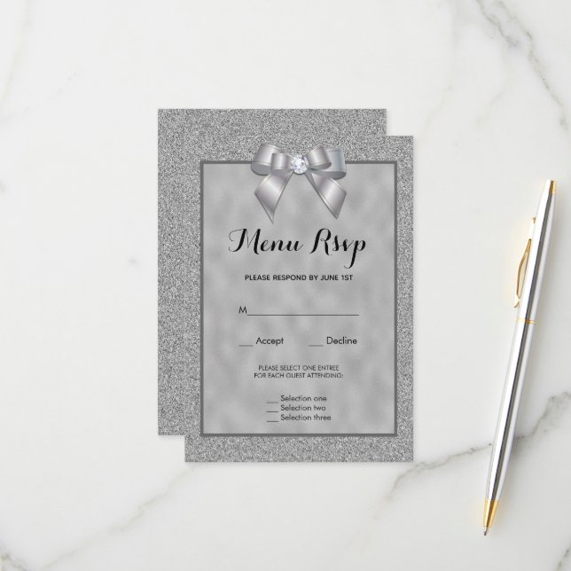 Elegant Silver & Stylish Glitter Menu RSVP (Front/Back In Situ)