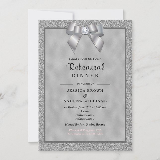 Elegant Silver & Stylish Glitter Rehearsal Dinner Invitation (Front)