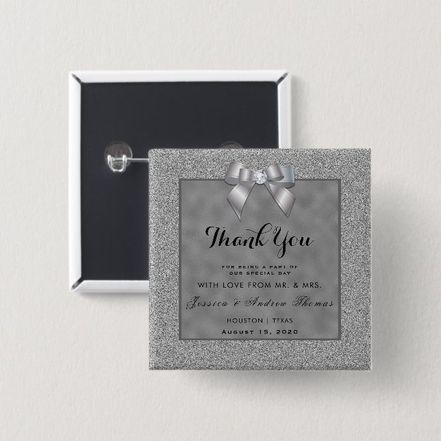 Elegant Silver & Stylish Glitter Wedding Favor 15 Cm Square Badge (Front & Back)