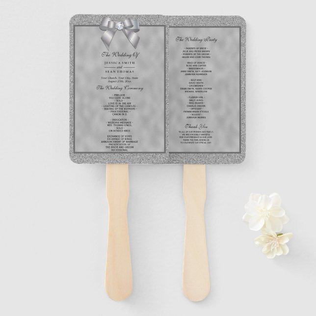 Elegant Silver & Stylish Glitter Wedding Program Hand Fan (Front and Back)