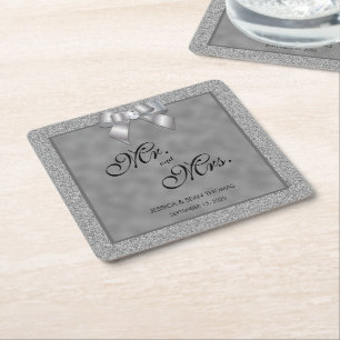 Elegant Silver & Stylish Glitter Wedding Square Paper Coaster
