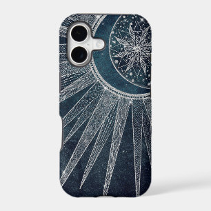 Elegant Silver Sun Moon Doodle Mandala Blue Design