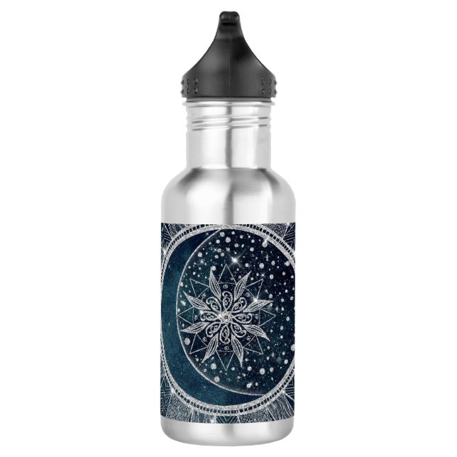 Elegant Silver Sun Moon Doodle Mandala Blue Design 532 Ml Water Bottle (Right)
