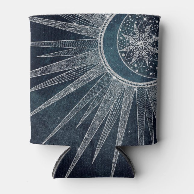 Elegant Silver Sun Moon Doodle Mandala Blue Design Can Cooler (Front)