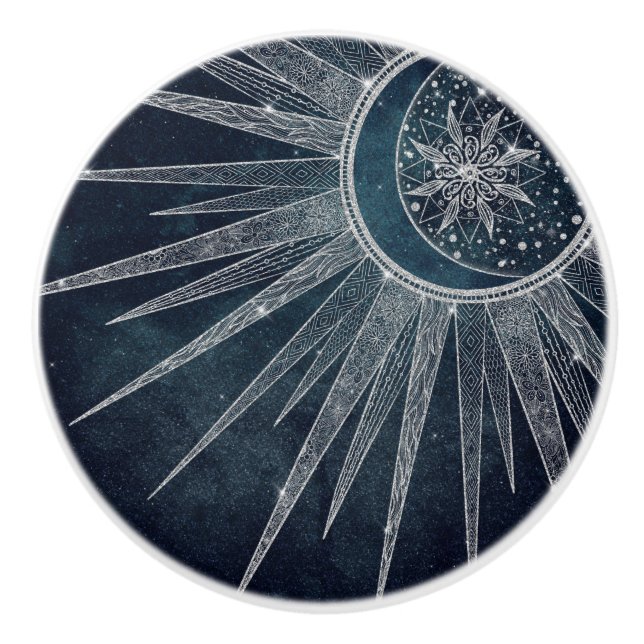 Elegant Silver Sun Moon Doodle Mandala Blue Design Ceramic Knob (Front)