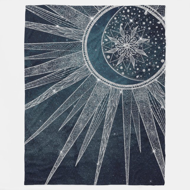 Elegant Silver Sun Moon Doodle Mandala Blue Design Fleece Blanket (Front)